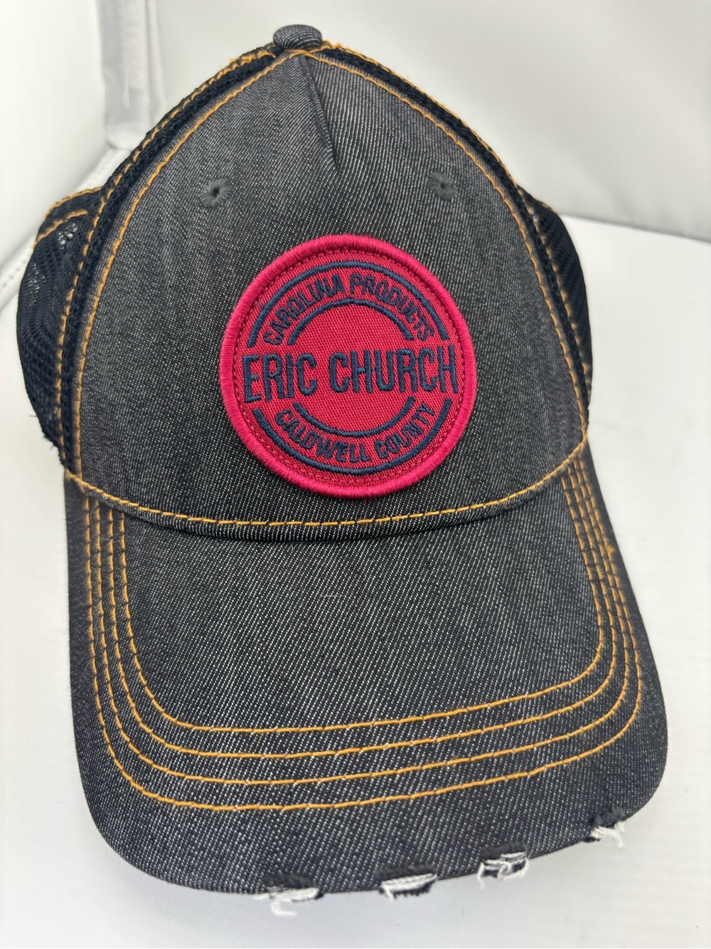 Eric Church Black Denim Trucker Hat with Red Patch Rare hard to find